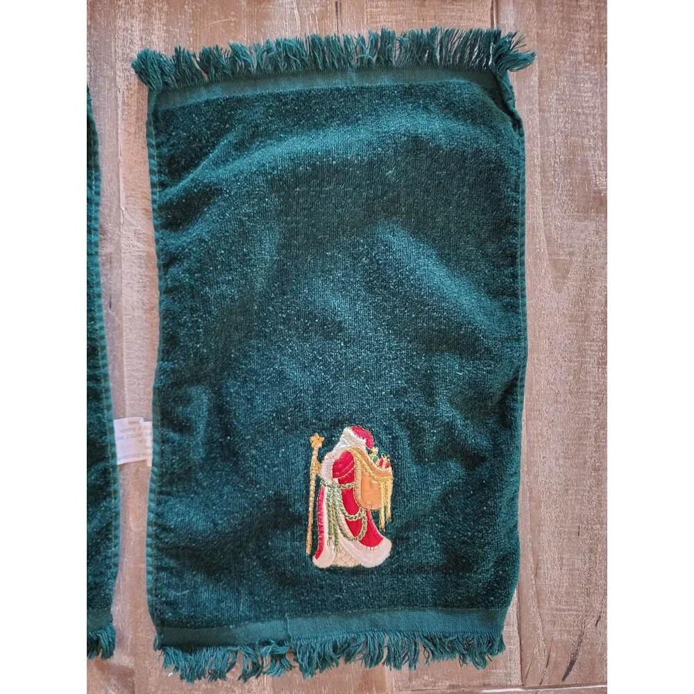 Set Of‎ 6 Embroidered Christmas Hand Towels Dark Green 100% Cotton 15